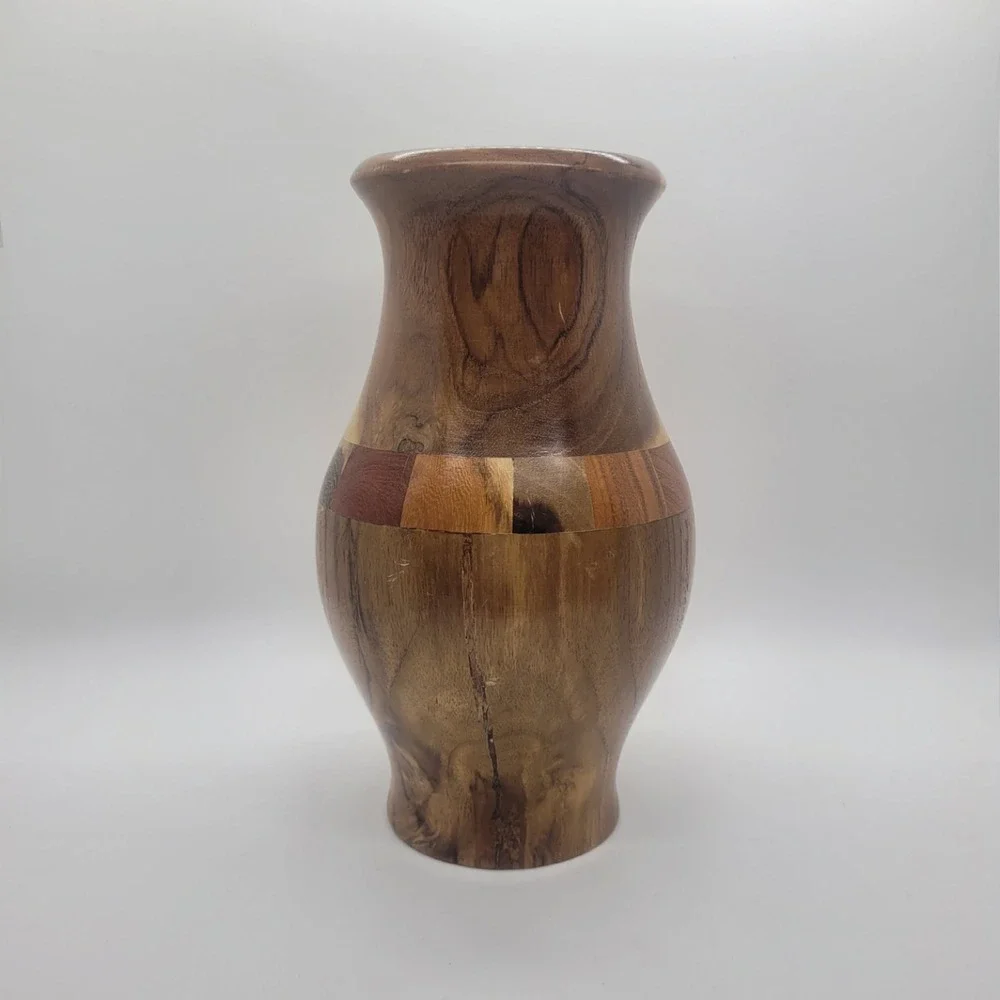 Handmade Segmented Wood Vase Artisan Turned Decorative Inlay Brown 8 inch